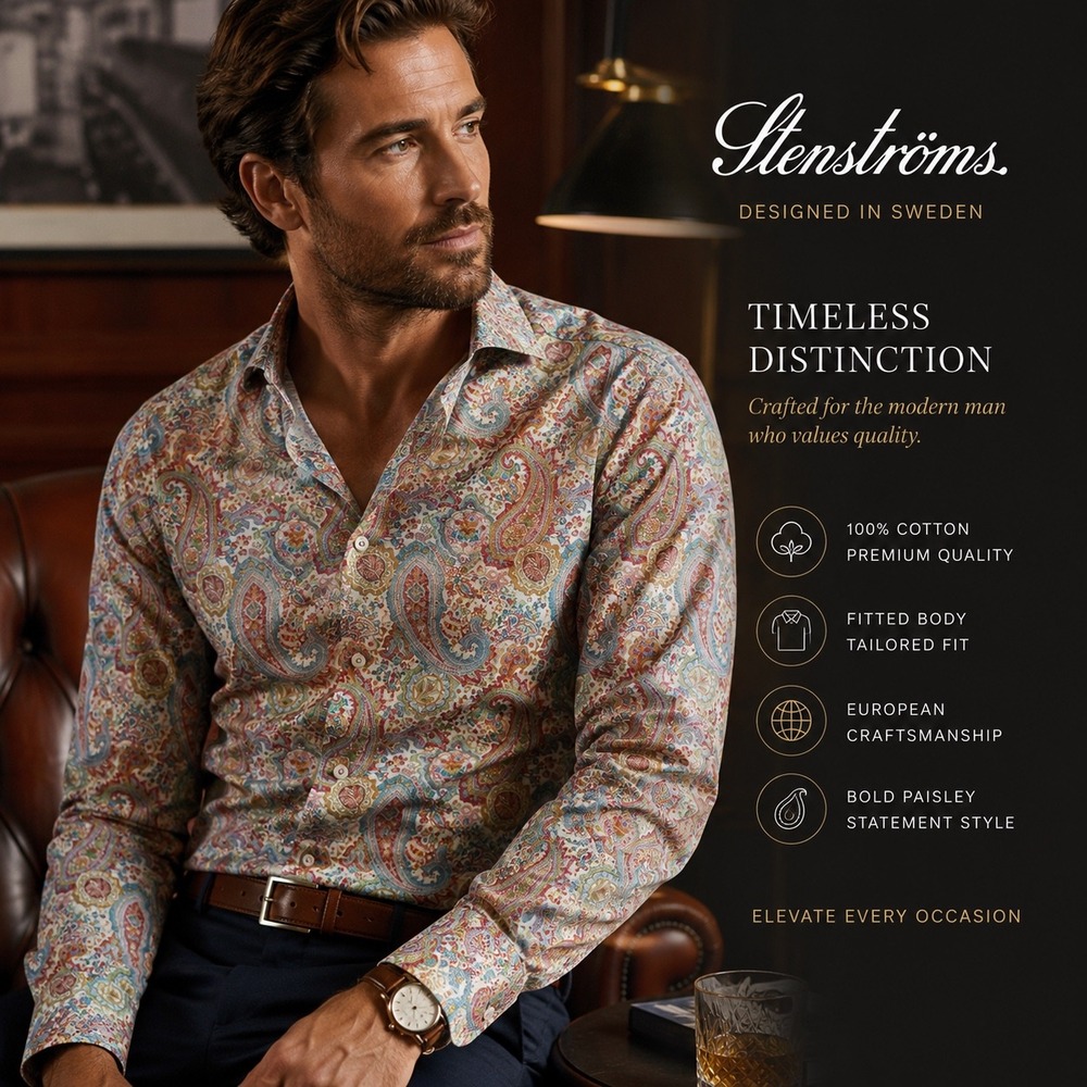 Stenströms Paisley Dress Shirt Fitted Body Luxury Cotton European Sweden 16.5 42